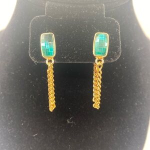 Gold and Green Rectangular Stone Earrings with Chain Drops